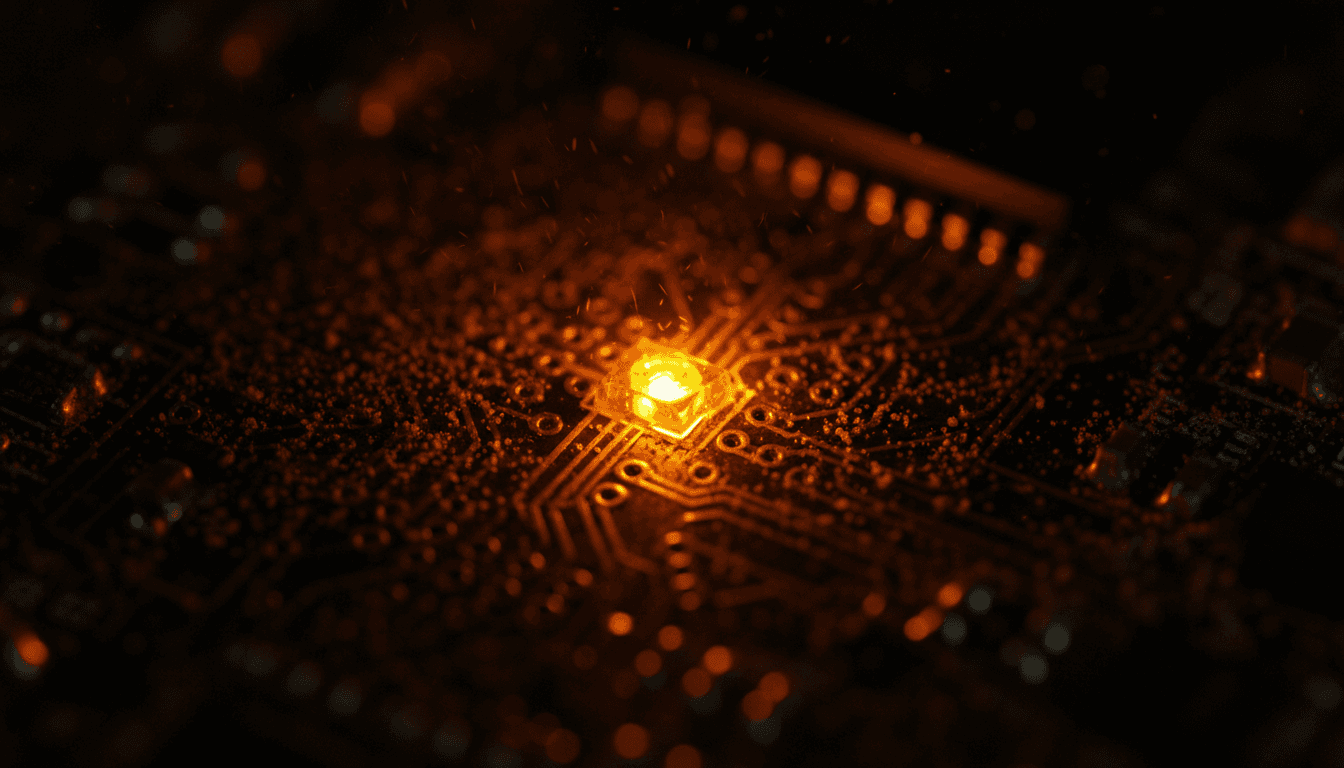 Close-up of a circuit board with a glowing amber LED