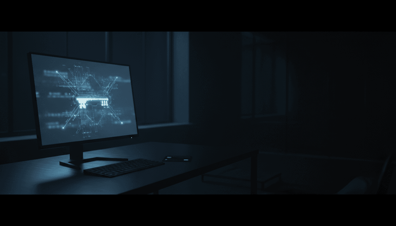 Minimalist desk with a glowing monitor showing a blurred interface, dark room atmosphere