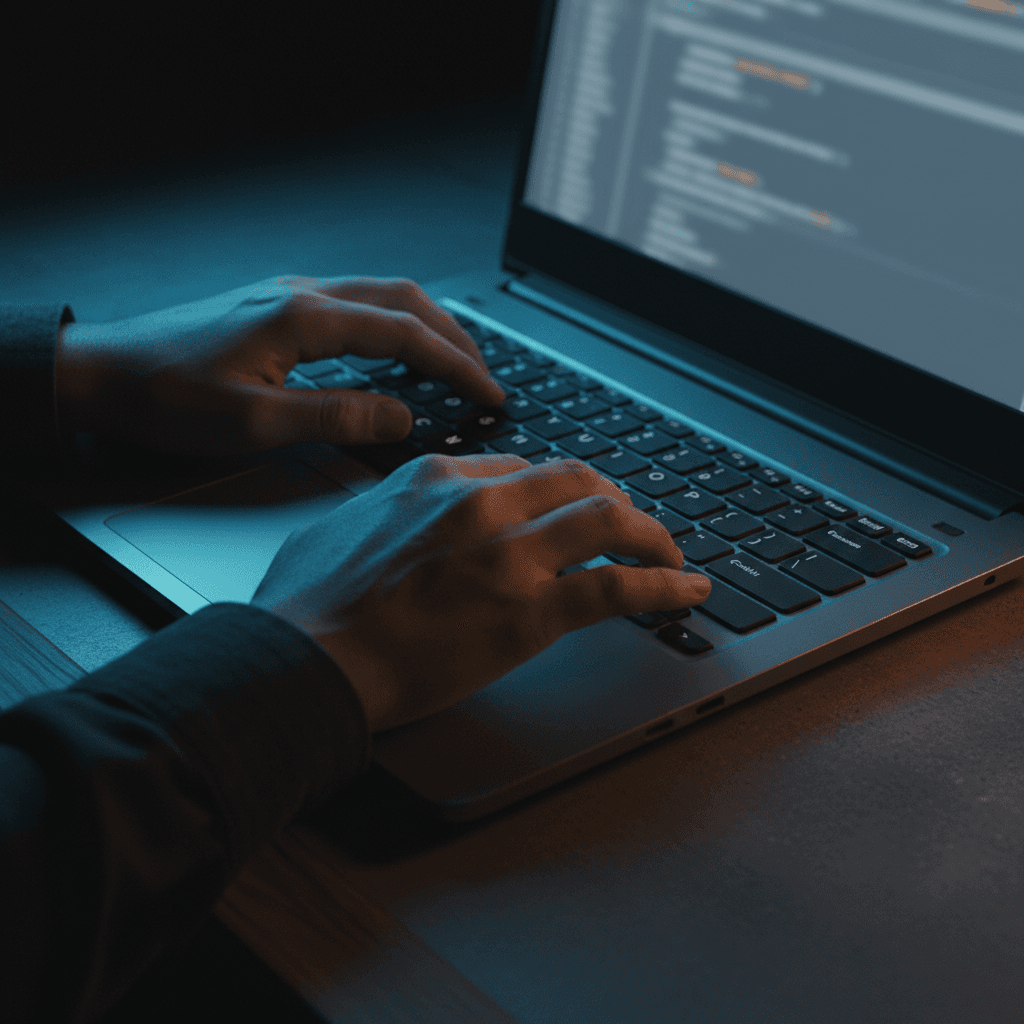 Hands typing on a laptop keyboard in a dimly lit room