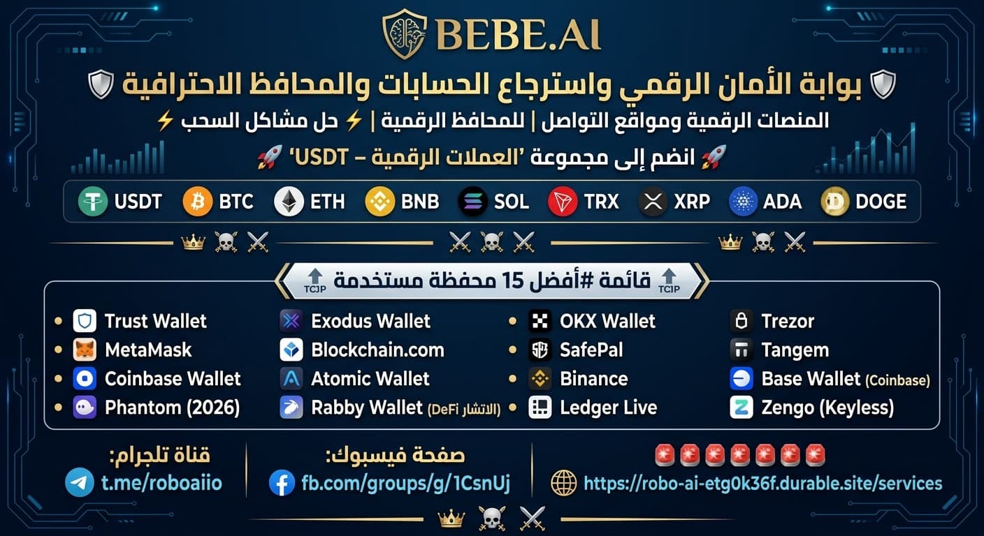 BEBE.AI infographic for digital security and wallet recovery, featuring cryptocurrency icons and top wallets.